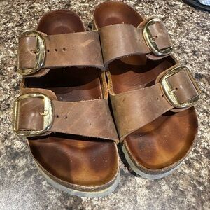 Birkenstock Brown Leather  Sandals with Gold Buckles  Size 6   36
